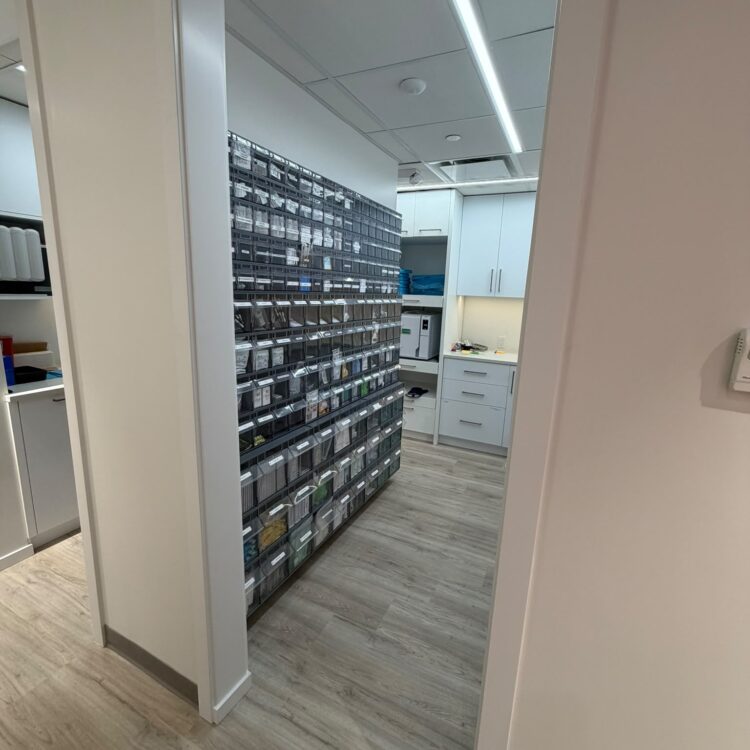 Organized dental supply and sterilization room at Smili Dental North Vancouver